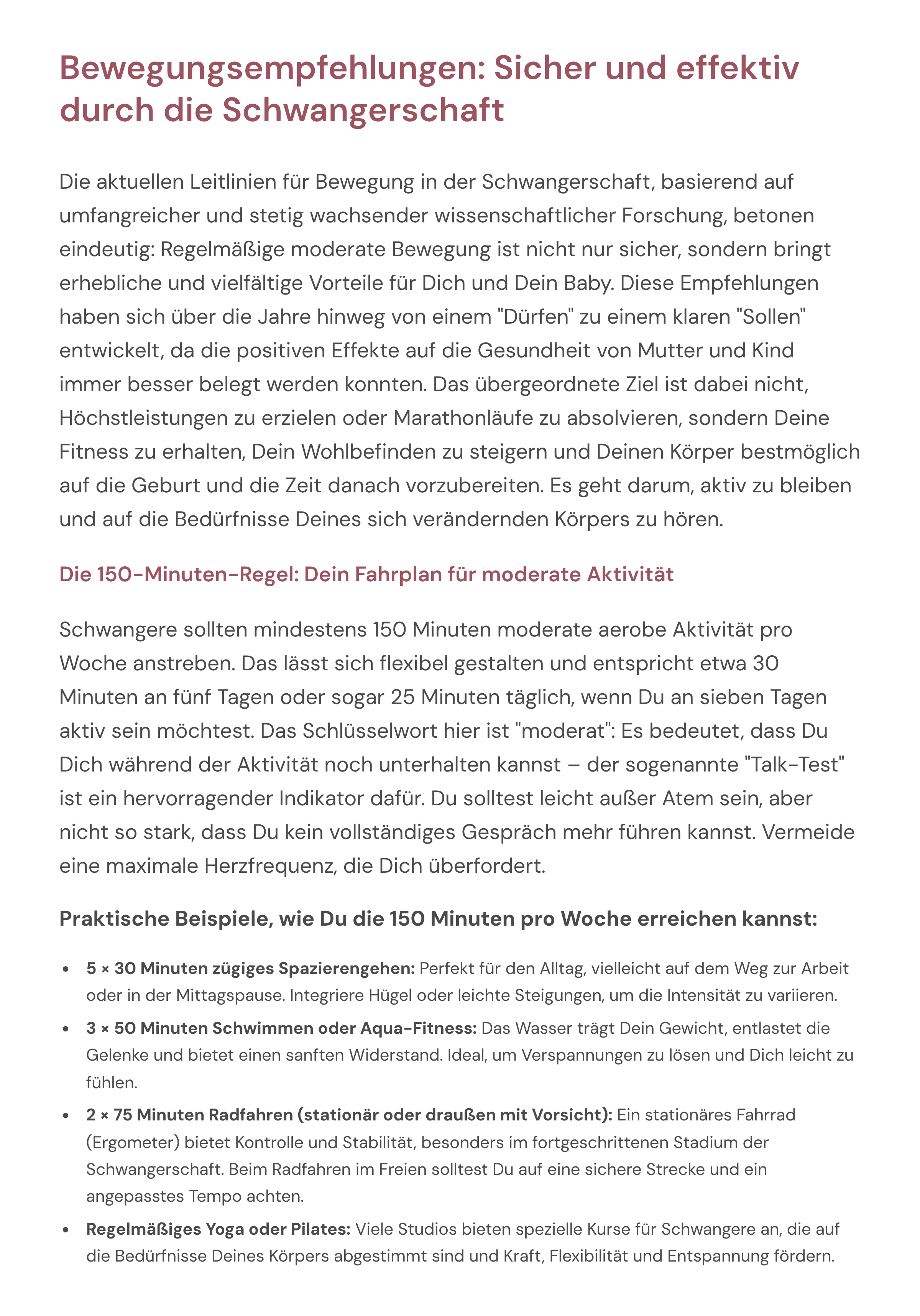 Infoseite: Bewegungsempfehlungen in der Schwangerschaft – sichere und effektive Übungen für werdende Mütter nach der 150-Minuten-Regel.