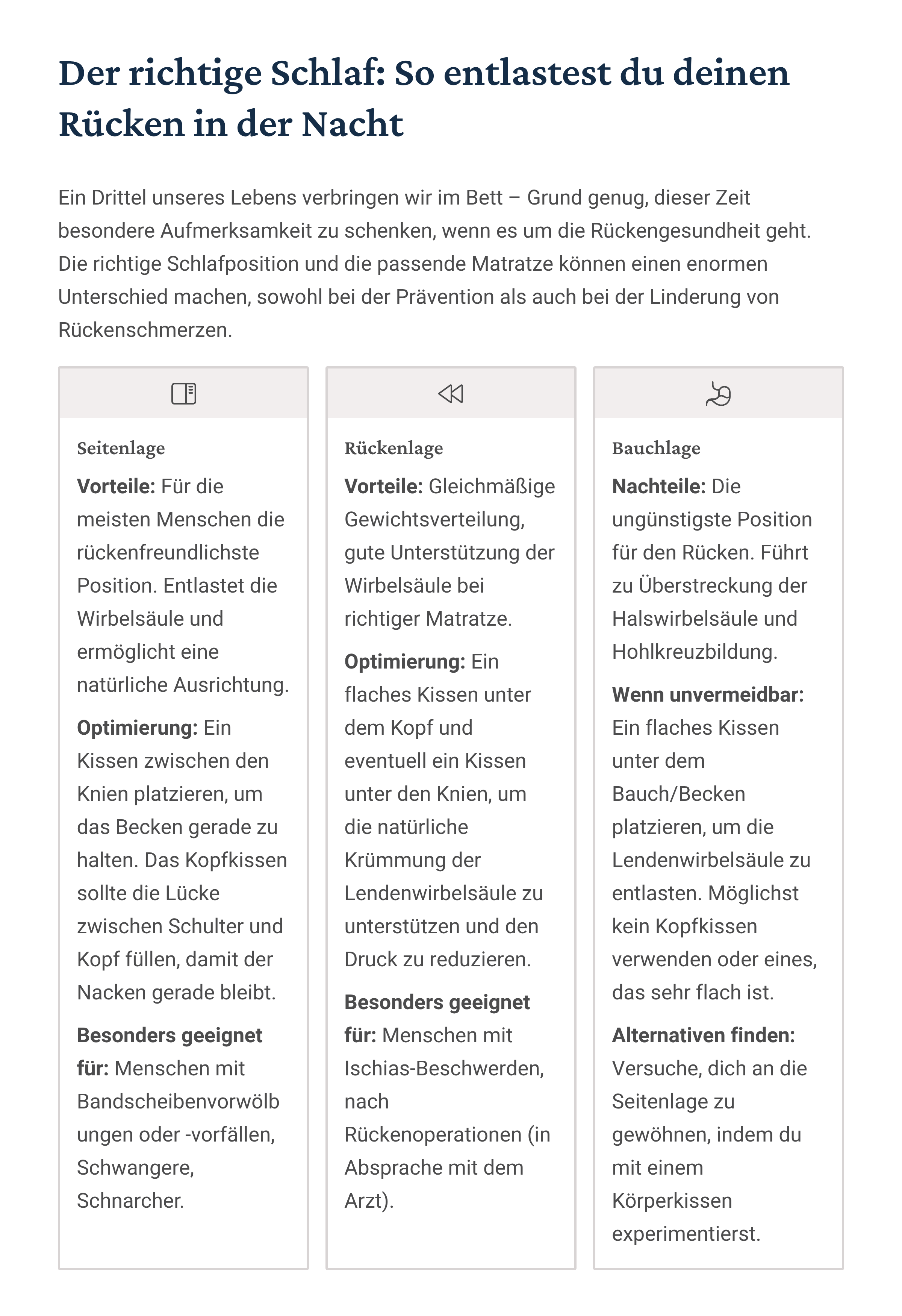 Infografik: Die richtige Schlafposition zur Entlastung des Rückens – Seitenlage, Rückenlage und Bauchlage im Vergleich mit Tipps zur Schmerzprävention.
