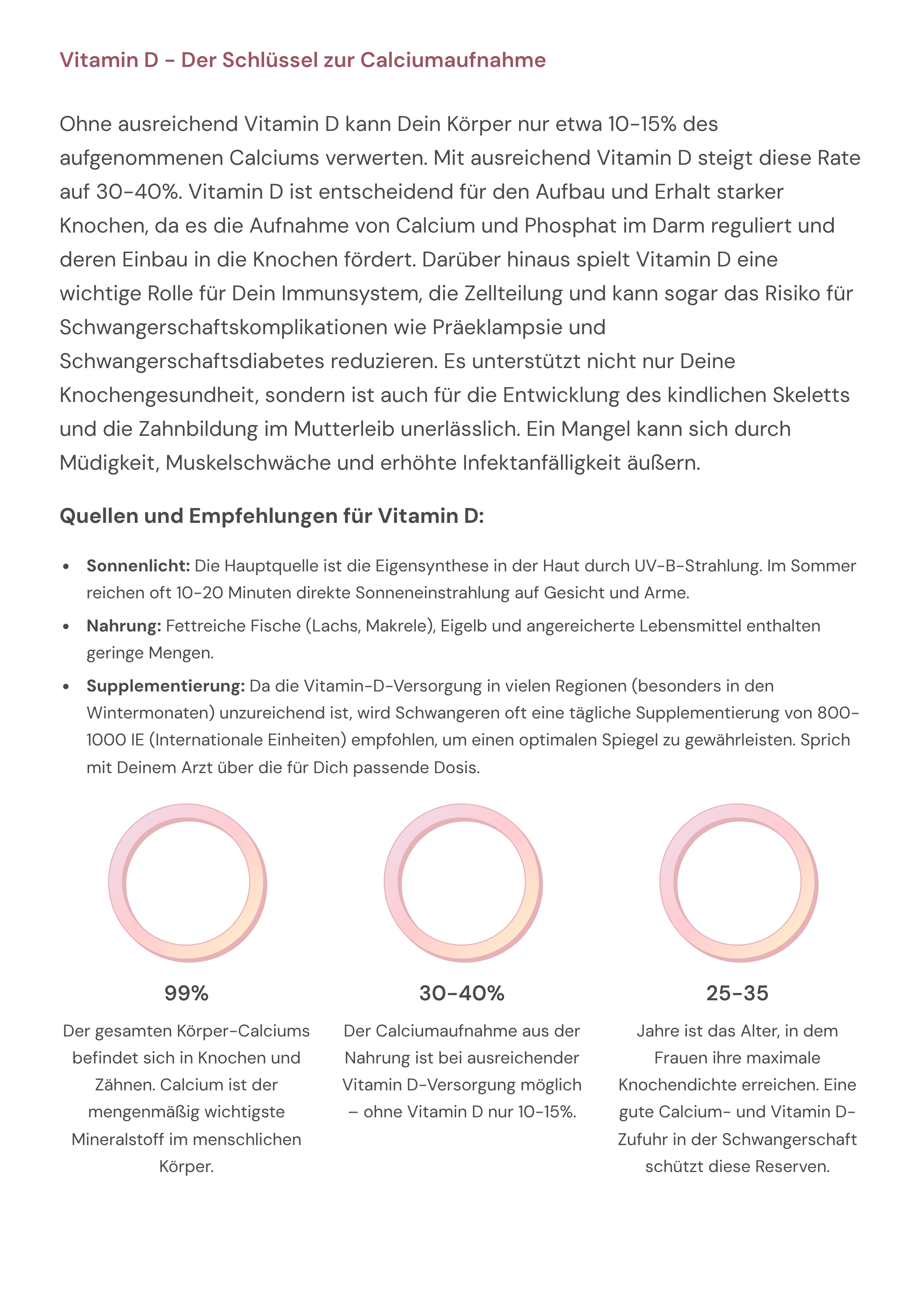 Infoseite: Vitamin D in der Schwangerschaft – Schlüssel zur Calciumaufnahme, starken Knochen und gesundem Immunsystem für Mutter und Baby.